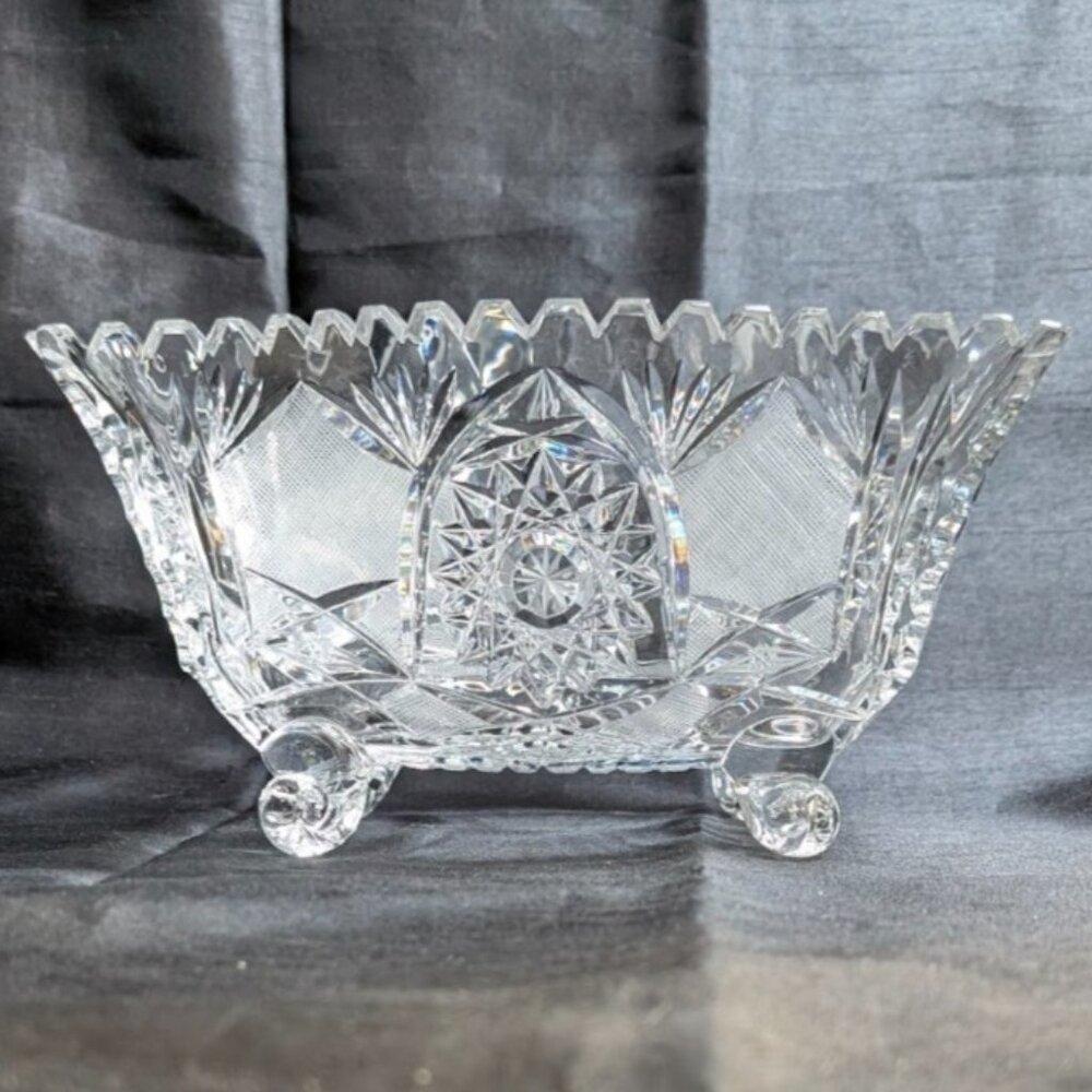 VTG American Brilliant Cut Glass Bowl Oval Footed Prescut Star 13" RARE!